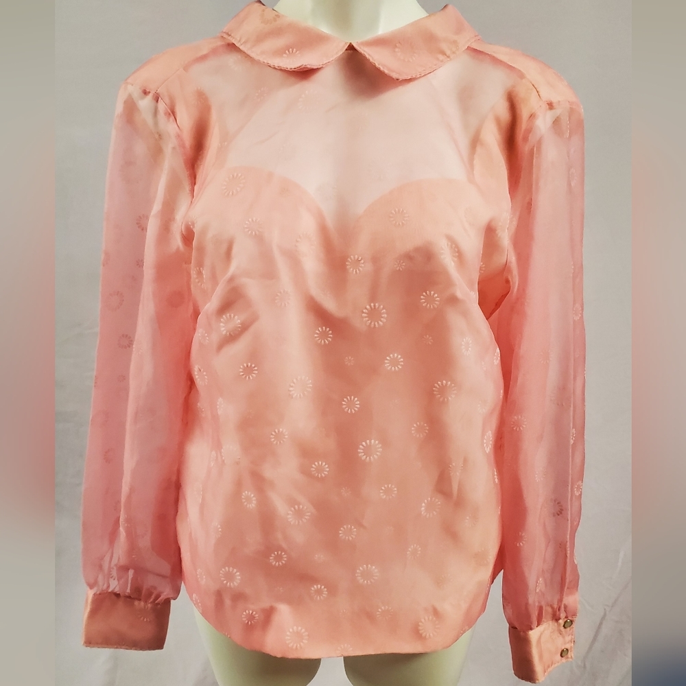 Vintage 80s Prior Westerns Denver Light Pink Mesh Long Sleeve Collared Size S/M